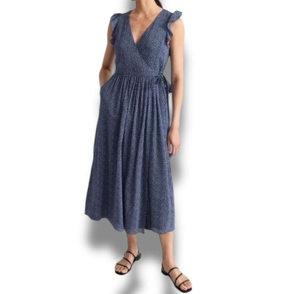 & Other Stories Blue Floral Ruffle Short Sleeve Wrap Midi Dress Size 38